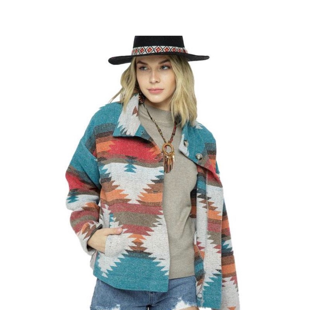 New Tribal Aztec Print Flannel Shacket Coat Jacket - Picture 8 of 11